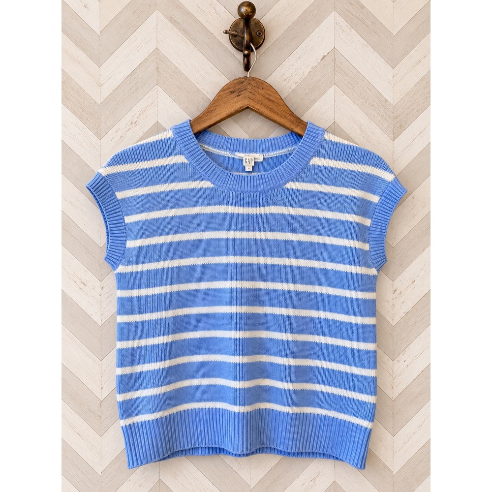 Entro Sweater Vest Striped Blue White Sleeveless Knit Top Size L
